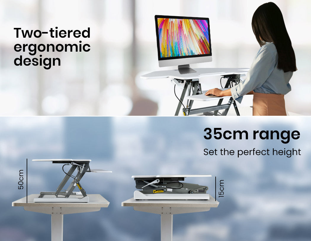 Fortia Corner Desk Riser 110cm Wide Adjustable Sit to Stand for Dual Monitor, Keyboard, Laptop, White