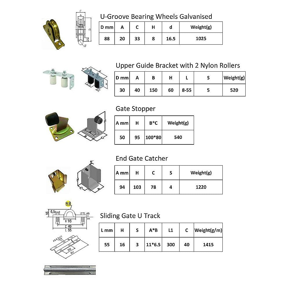 Sliding Gate Hardware Accessories Kit - 6m Track, Wheels, Stopper, Roller Guide